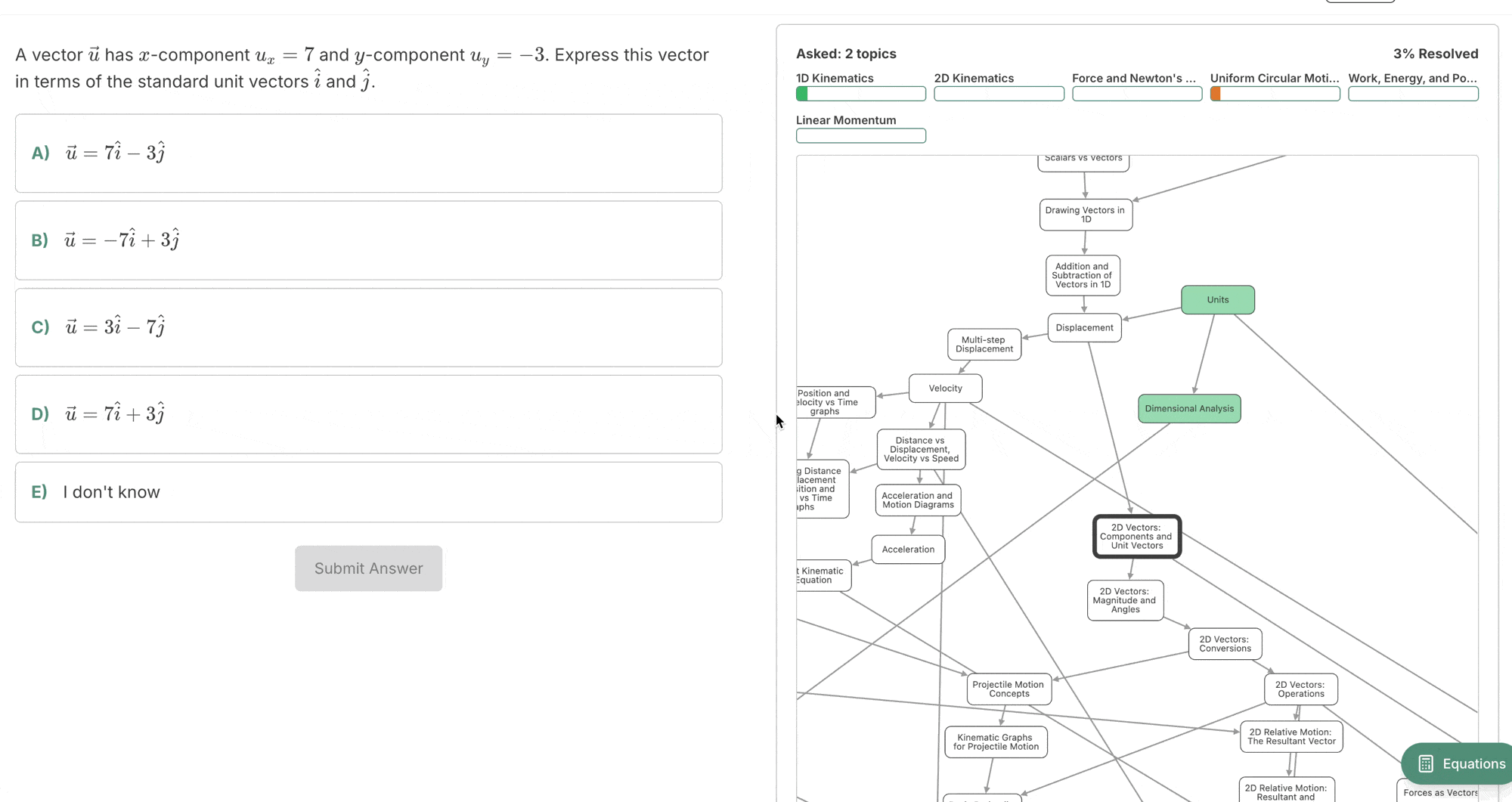 Example of a diagnostic test in progress, with the user answering questions correctly and quickly marking topics as known