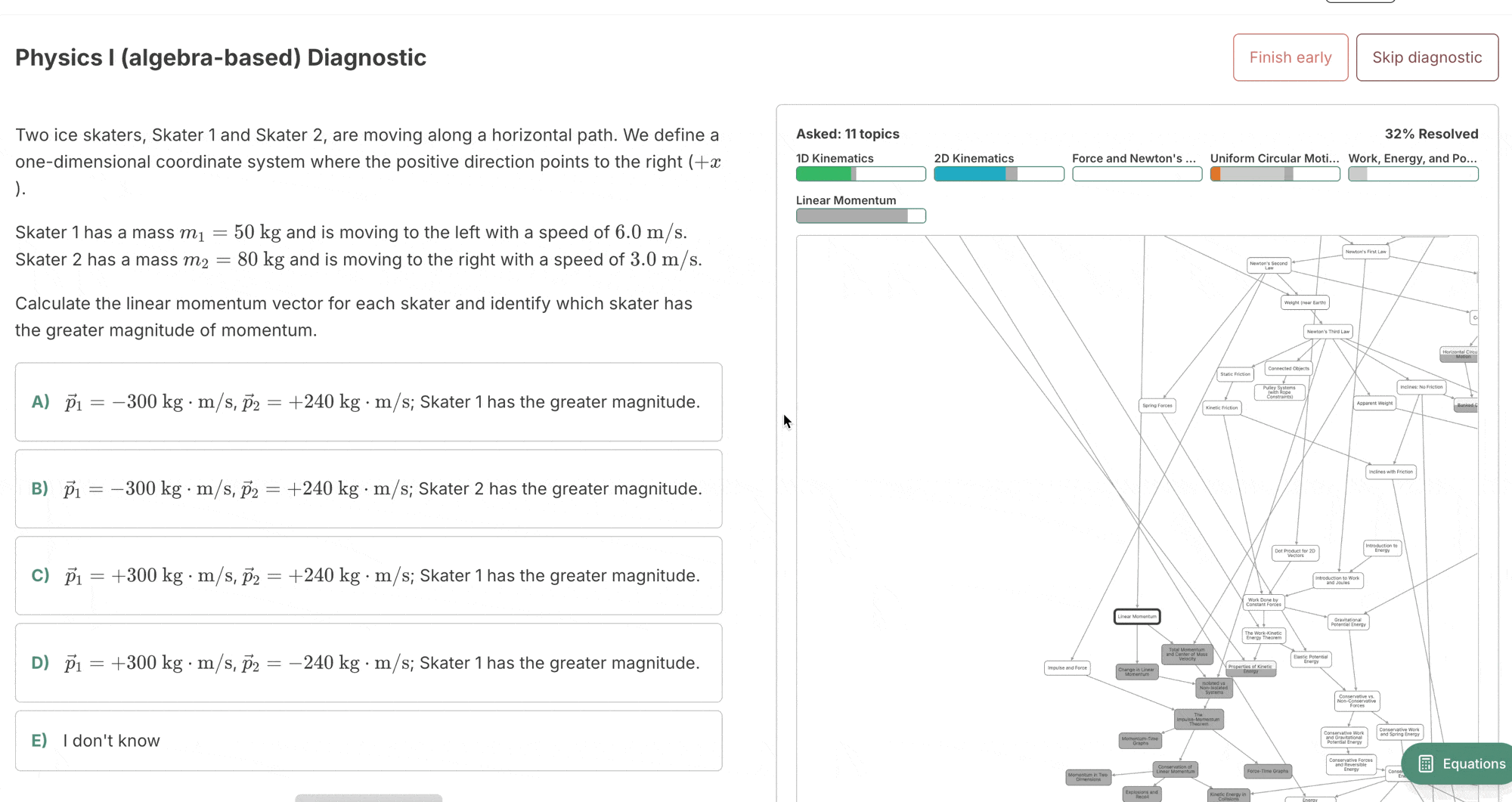 Example of a diagnostic test in progress, showing the two options a user can take for ending it - skipping, or finishing early