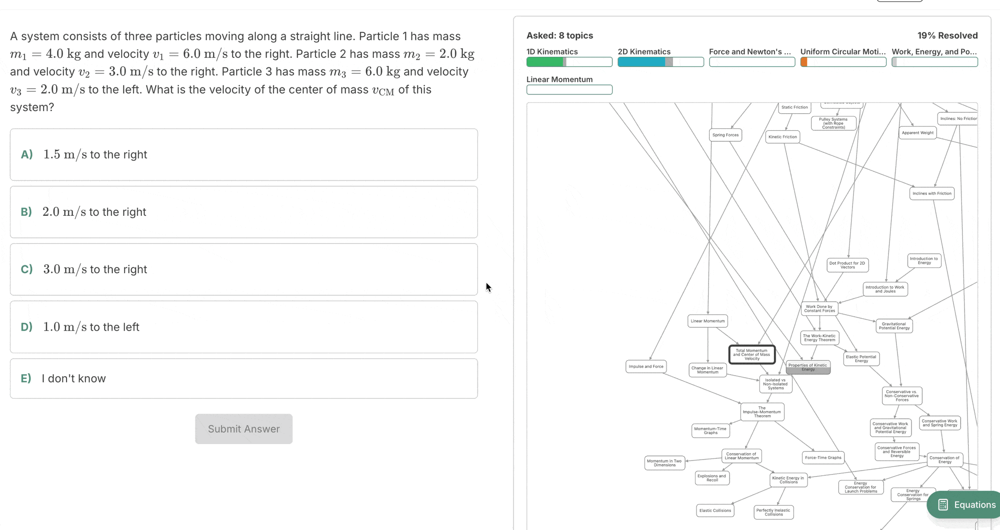 Example of a diagnostic test in progress, with the user answering questions incorrectly and slowly marking topics as known