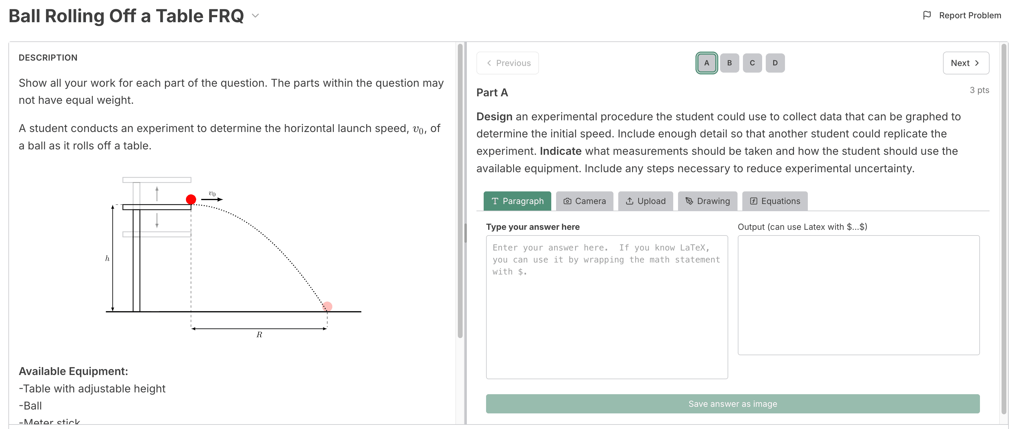 An example of an experimental design and analysis FRQ from PhysicsGraph