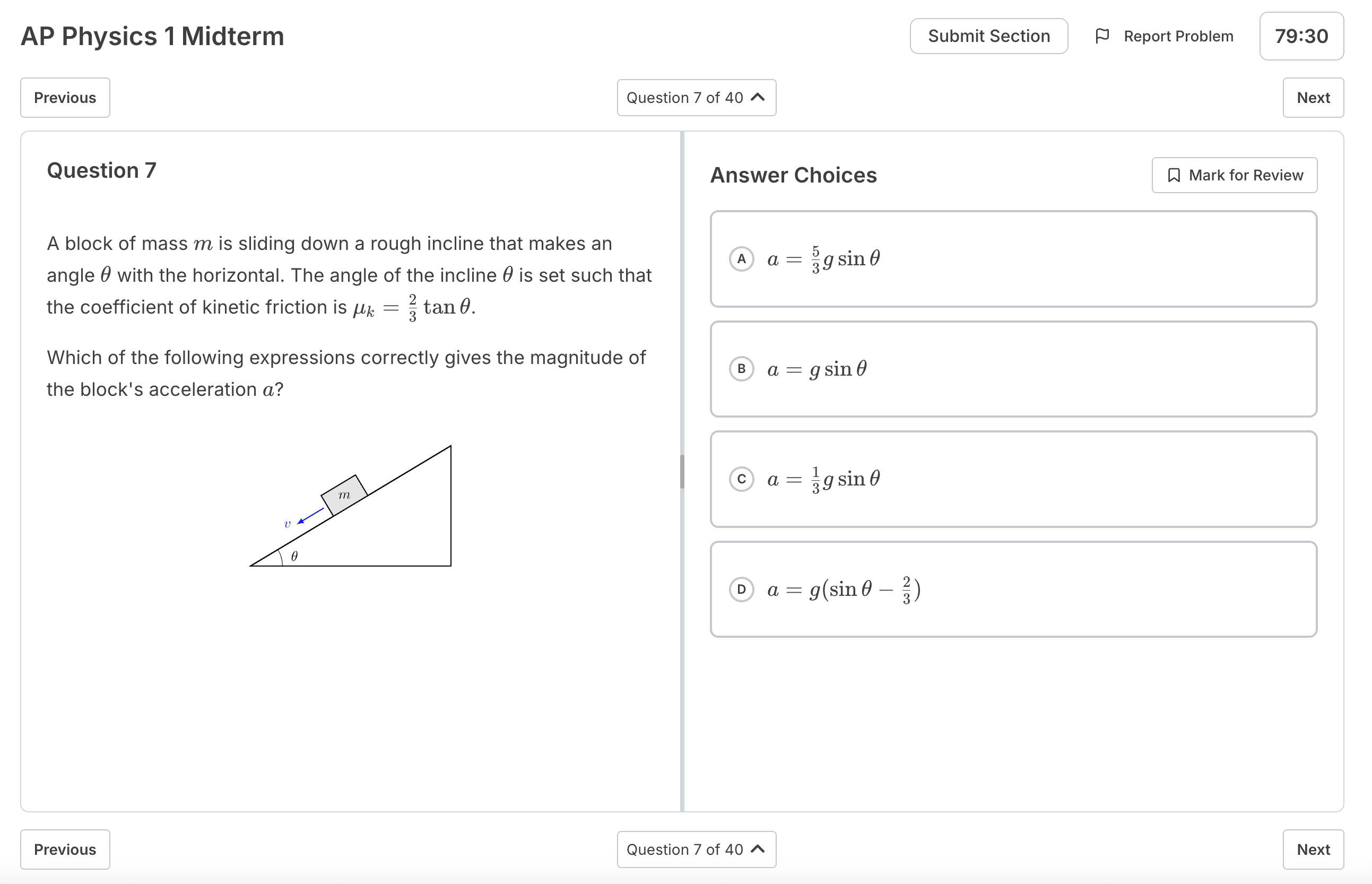 The practice exams interface for multiple choice questions