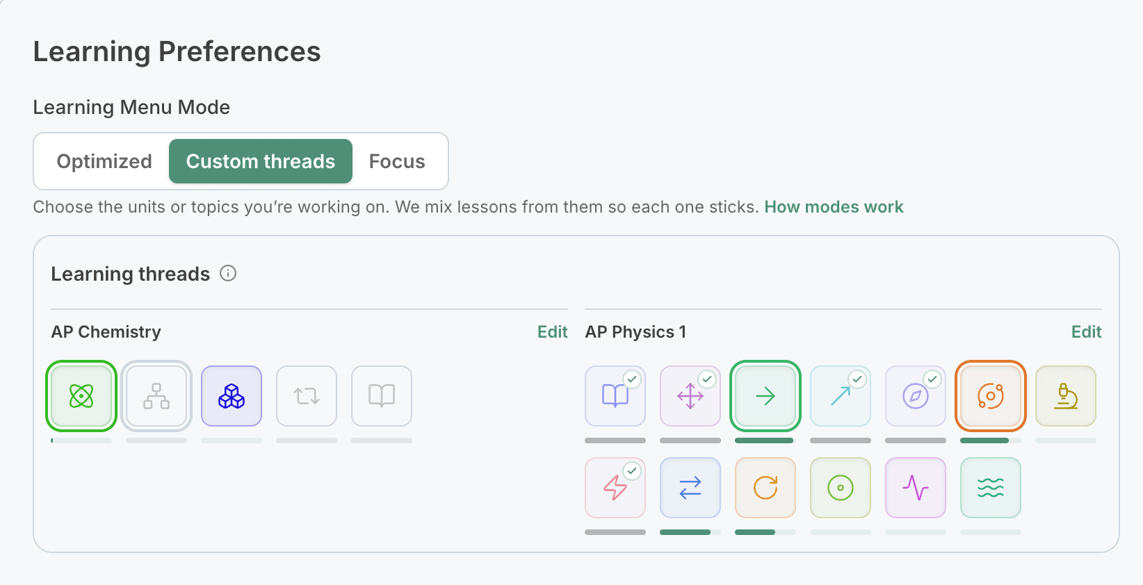 Learning Preferences in Settings with Custom threads selected, showing each unit in AP Chemistry and AP Physics 1, with the current threads outlined